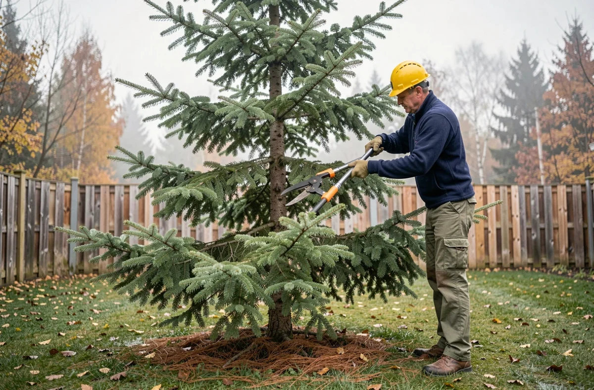 Élagueur professionnel taillant un grand sapin d'épicéa dans un jardin résidentiel en automne avec des échenilloirs à long manche