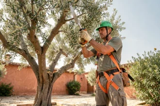 Élagueur professionnel en train d'élaguer un olivier dans un jardin de Nice avec équipement de sécurité complet