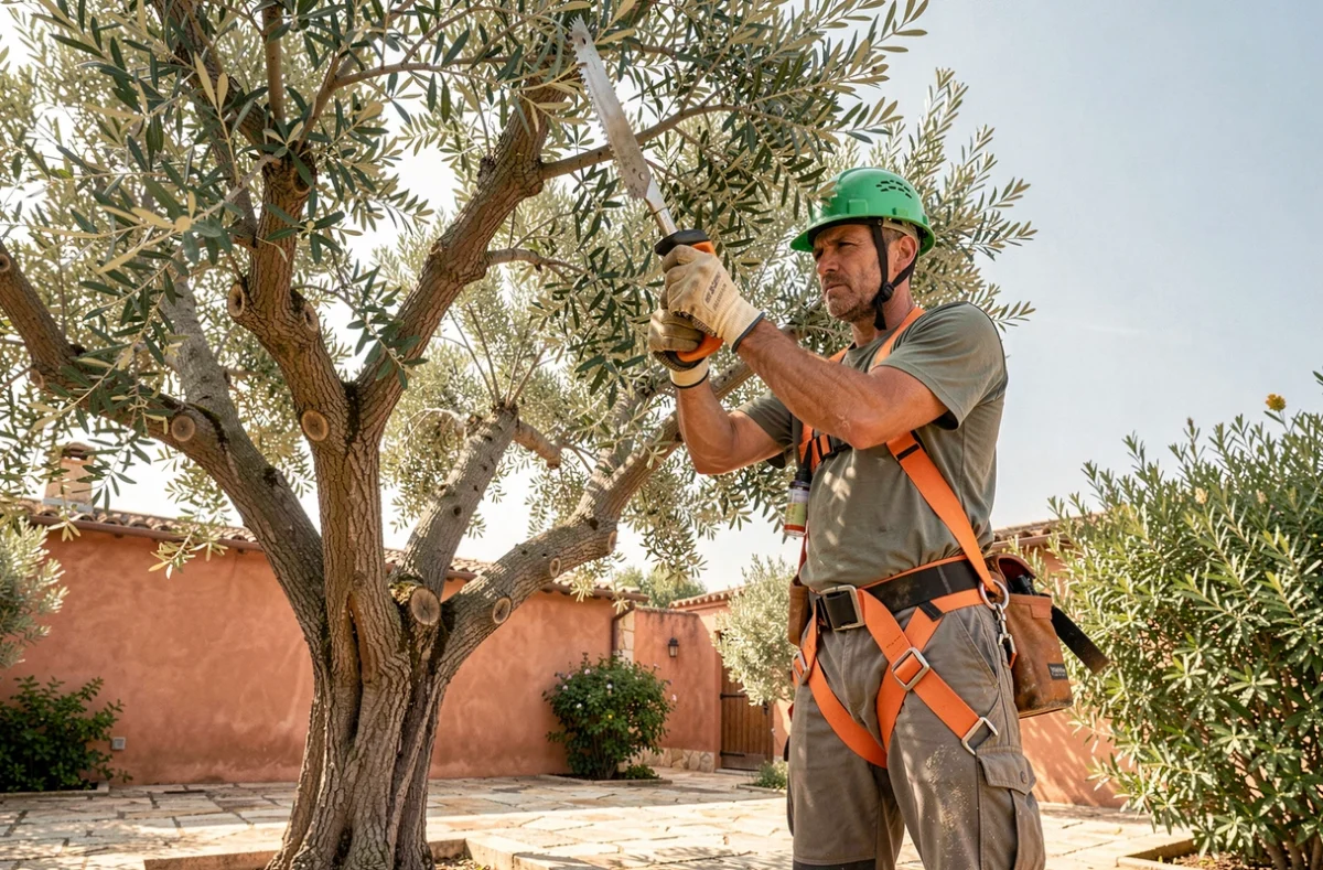 Élagueur professionnel en train d'élaguer un olivier dans un jardin de Nice avec équipement de sécurité complet