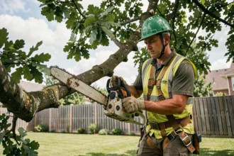 Élagueur professionnel en harnais et casque de sécurité taillant une branche de chêne en hauteur dans un jardin résidentiel