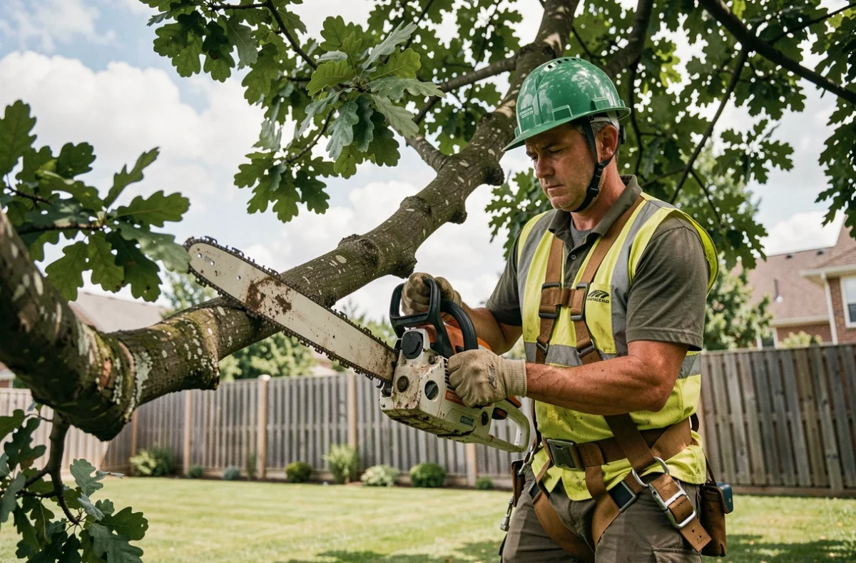 Élagueur professionnel en harnais et casque de sécurité taillant une branche de chêne en hauteur dans un jardin résidentiel