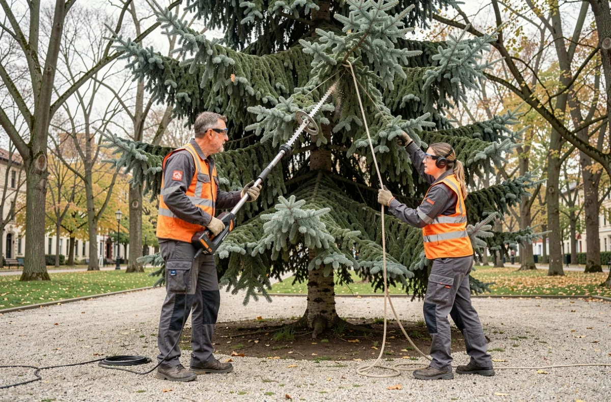 Deux élagueurs professionnels en tenue de sécurité réalisant la taille d'un grand sapin argenté dans un parc urbain