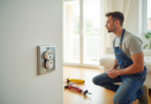 Électricien installant une prise électrique moderne dans un salon lumineux