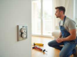 Électricien installant une prise électrique moderne dans un salon lumineux