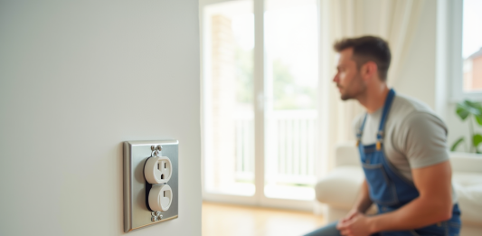 Électricien installant une prise électrique moderne dans un salon lumineux