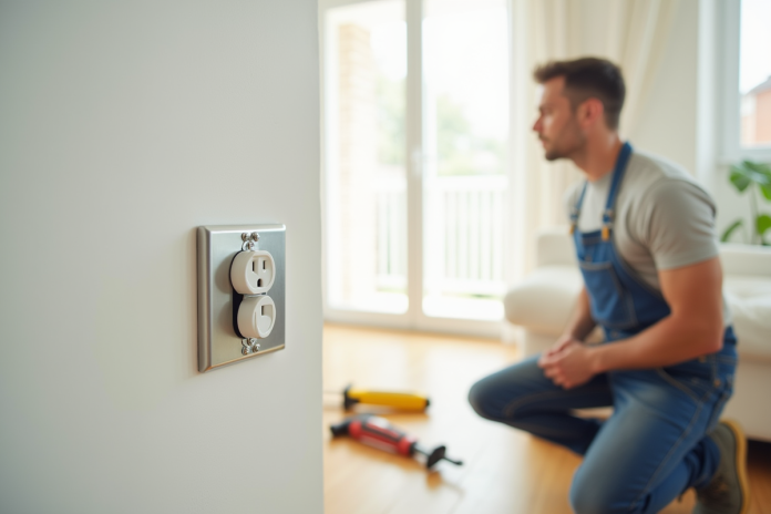 Électricien installant une prise électrique moderne dans un salon lumineux