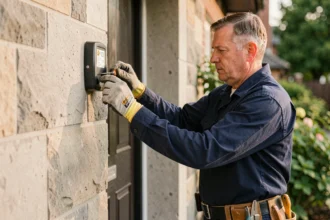 Électricien installant un luminaire extérieur IP44 sur une façade en béton enduit avec étiquette de certification visible