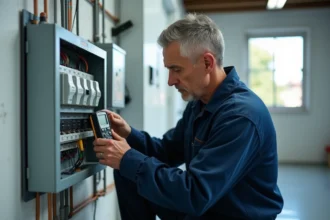 Électricien installant un sous-compteur électrique dans un tableau de distribution mural