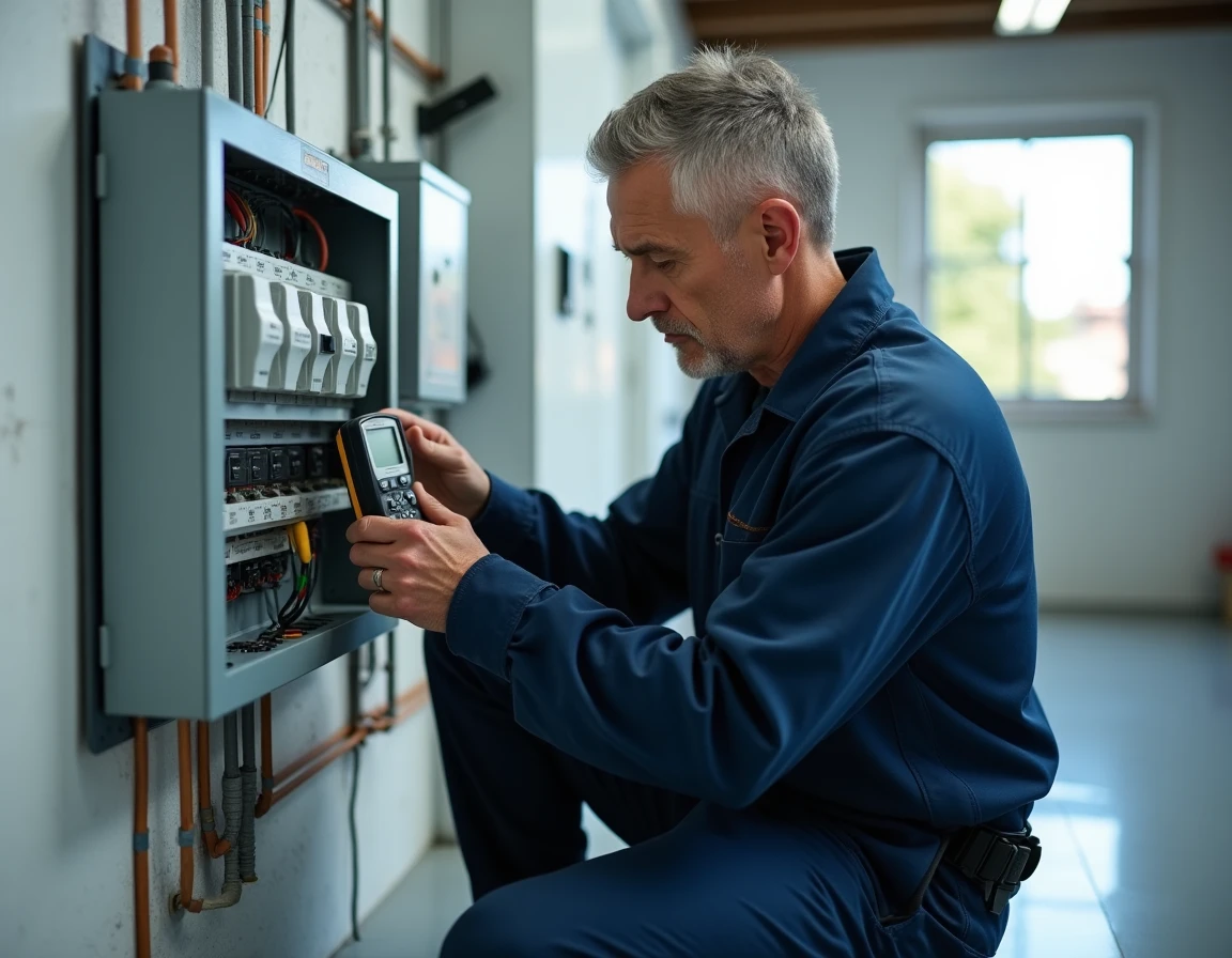 Électricien installant un sous-compteur électrique dans un tableau de distribution mural