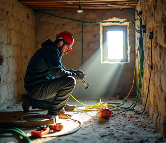 Coût remise à la terre vieille maison : prix & conseils pour rénovation efficace Électricien inspectant la mise à la terre dans une cave ancienne
