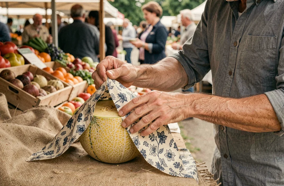 Homme enveloppant un melon avec un tissu coton enduit imprimé sur un marché de producteurs locaux