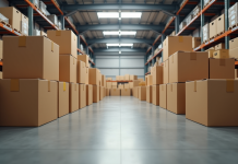 Empilement organisé de cartons dans un entrepot lumineux