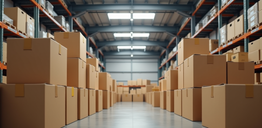 Empiler cartons : astuces pratiques pour optimiser l’espace de stockage Empilement organisé de cartons dans un entrepot lumineux