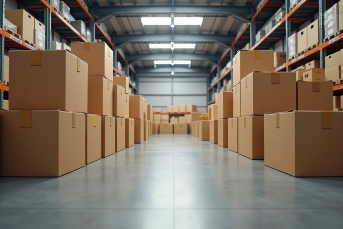 Empilement organisé de cartons dans un entrepot lumineux