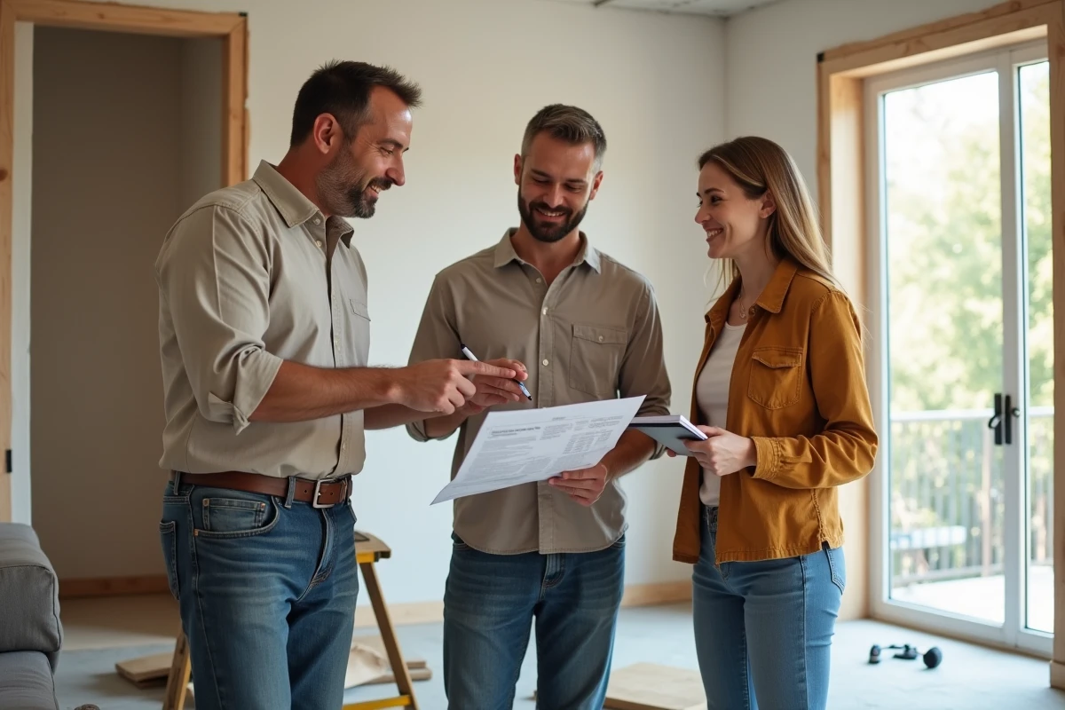 Entrepreneur montre un devis a un couple dans une salle de renovation