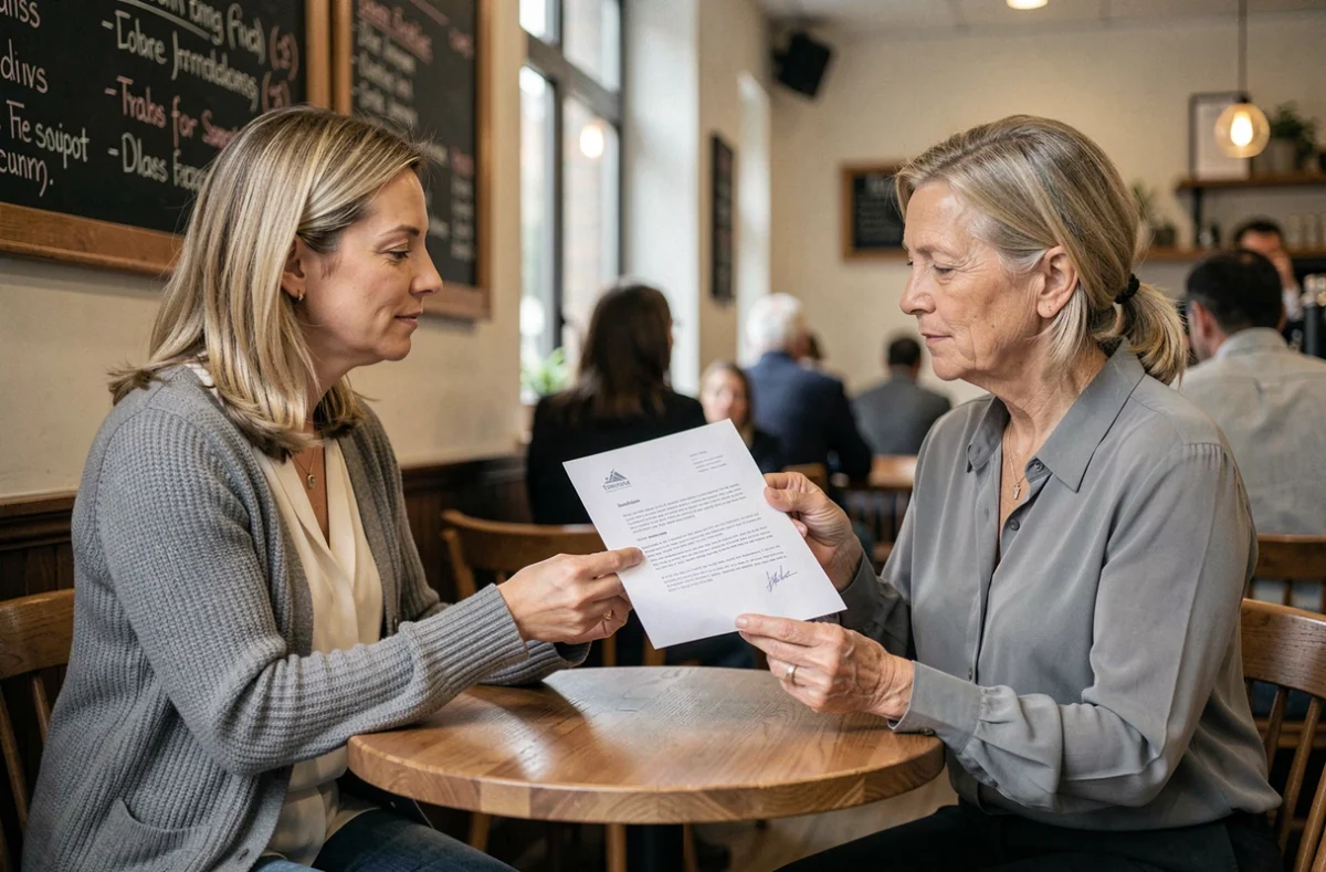 Entretien informel entre deux femmes examinant une lettre de motivation pour un poste de femme de ménage dans un café