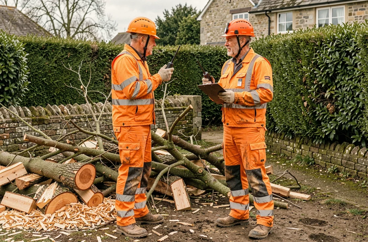 Deux élagueurs en équipement de protection discutant du chantier près d'un tas de branches coupées dans un jardin de campagne