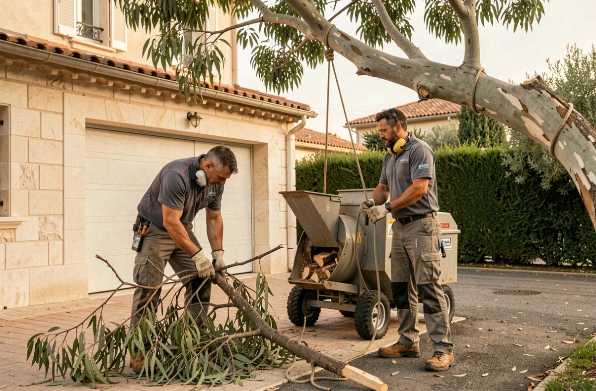 Deux élagueurs en train de broyer des branches après un élagage d'eucalyptus devant une villa niçoise