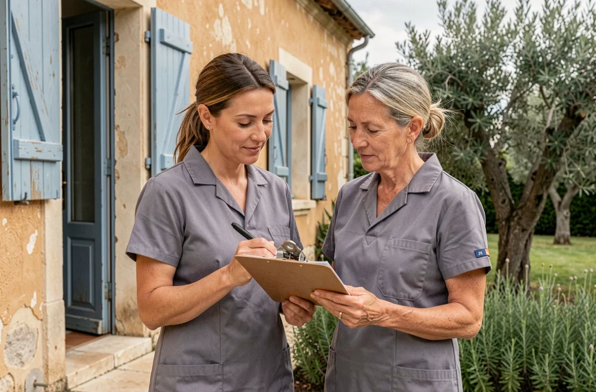 Deux femmes de ménage professionnelles consultant une liste de tâches devant une villa provençale à Aix-en-Provence