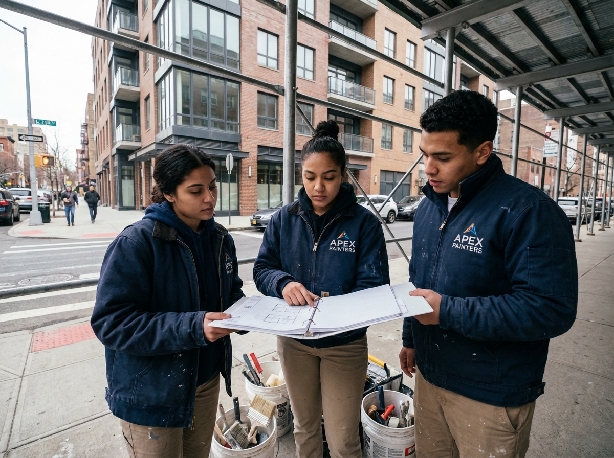 Equipe de peintres discutant devant un immeuble moderne