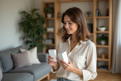 Femme comparant des ampoules LED dans un salon moderne pour choisir la bonne équivalence lumens watts