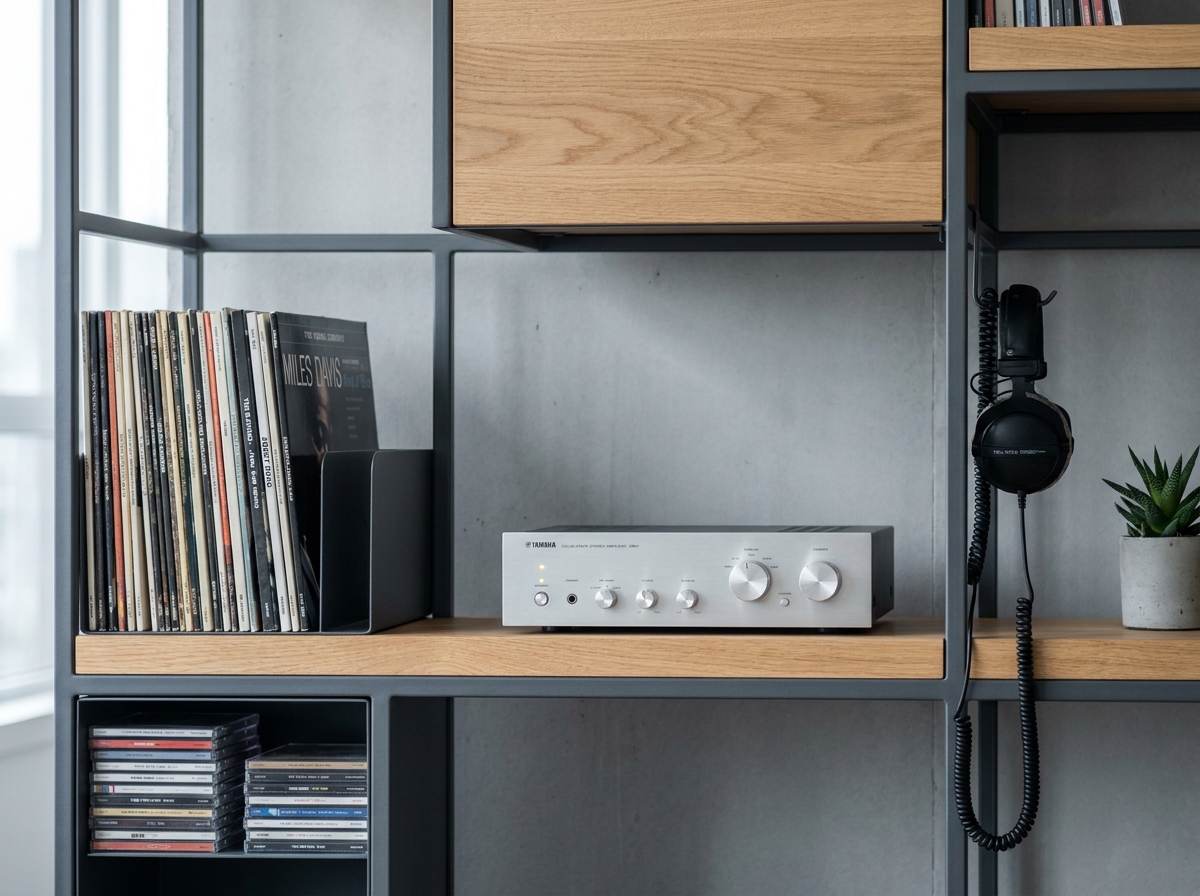 Gros plan sur une étagère hi-fi organisée avec vinyles, CD et amplificateur dans un appartement minimaliste