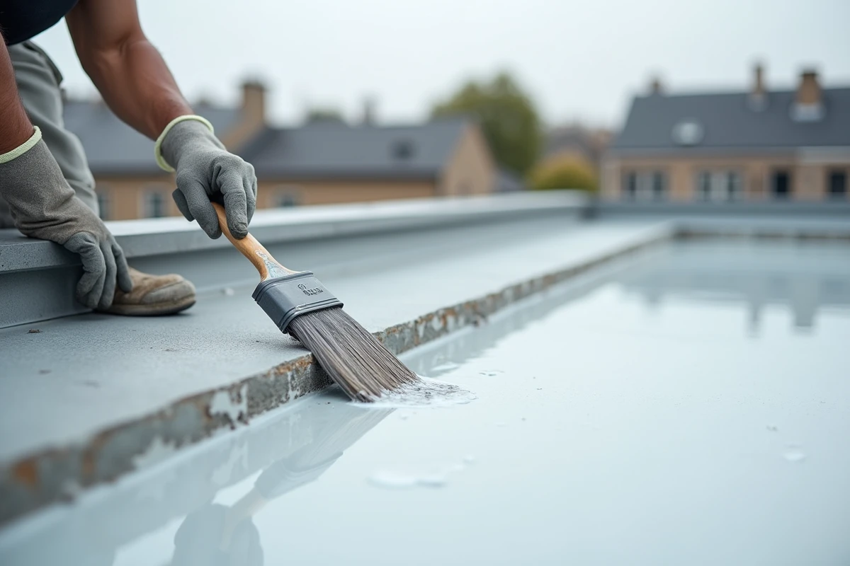 Détail de l'application d'une membrane d'étanchéité liquide sur un toit terrasse en cours de rénovation