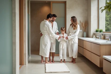 Famille de quatre dans une salle de bain moderne et lumineuse