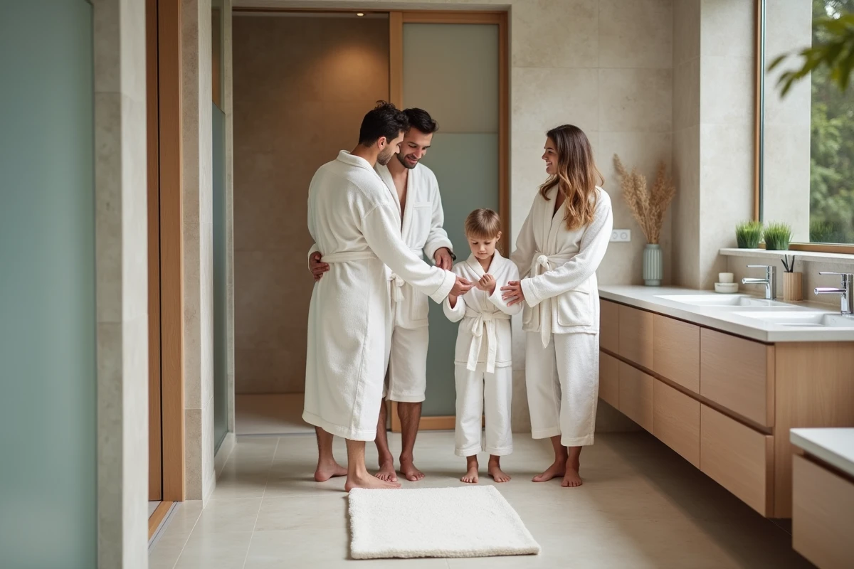Famille de quatre dans une salle de bain moderne et lumineuse