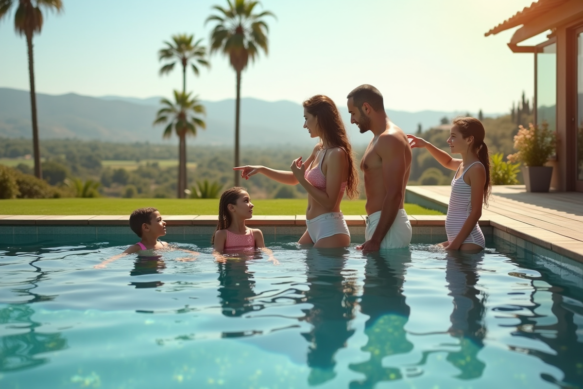 Famille discutant près de la piscine dans un jardin ensoleille