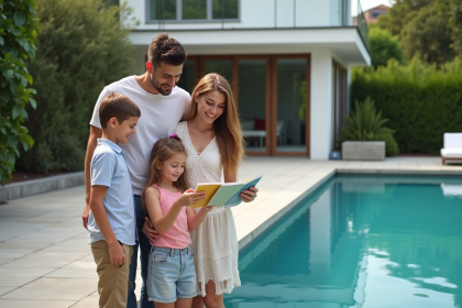 Famille souriante près de la piscine extérieure en été