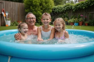 Famille souriante dans une piscine extérieure en été