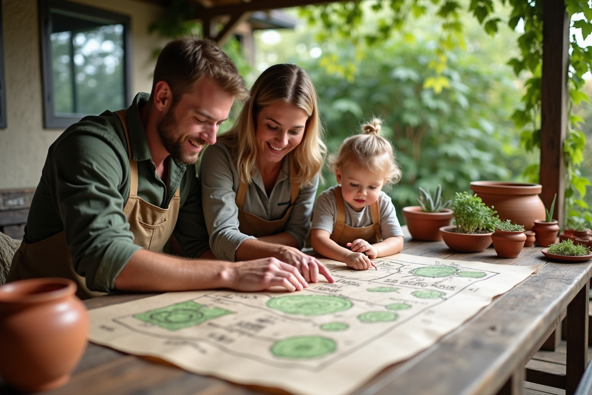 Famille dessinant un plan permaculture sur une table en extérieur
