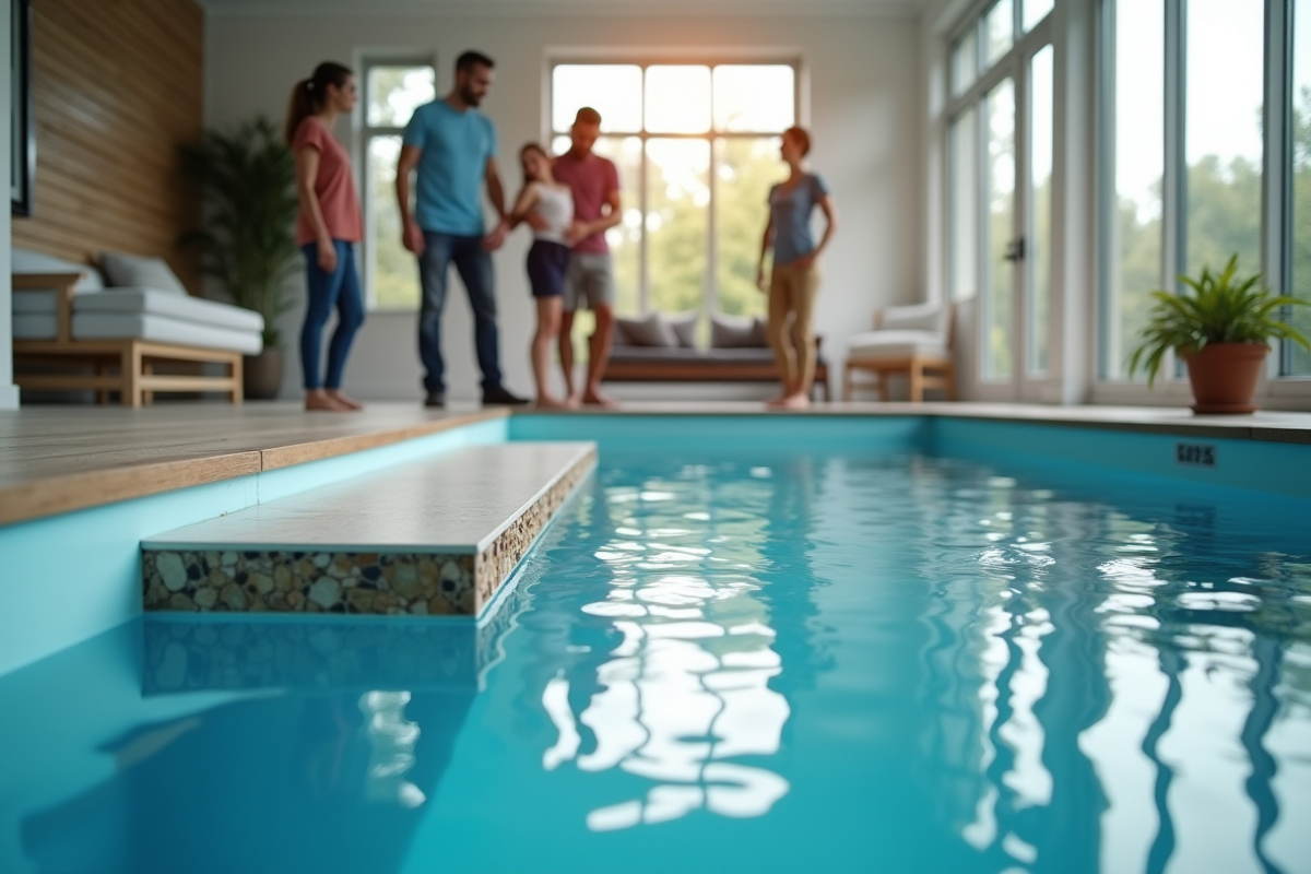 Famille examinant des modèles de piscines dans un showroom