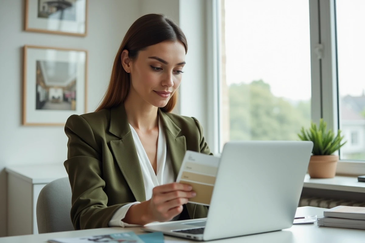 Femme consultant un abonnement magazine de décoration intérieure sur mesure depuis son bureau à domicile
