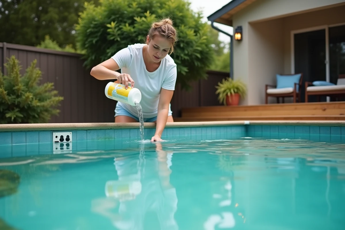 Femme verse un produit de nettoyage dans la piscine verte