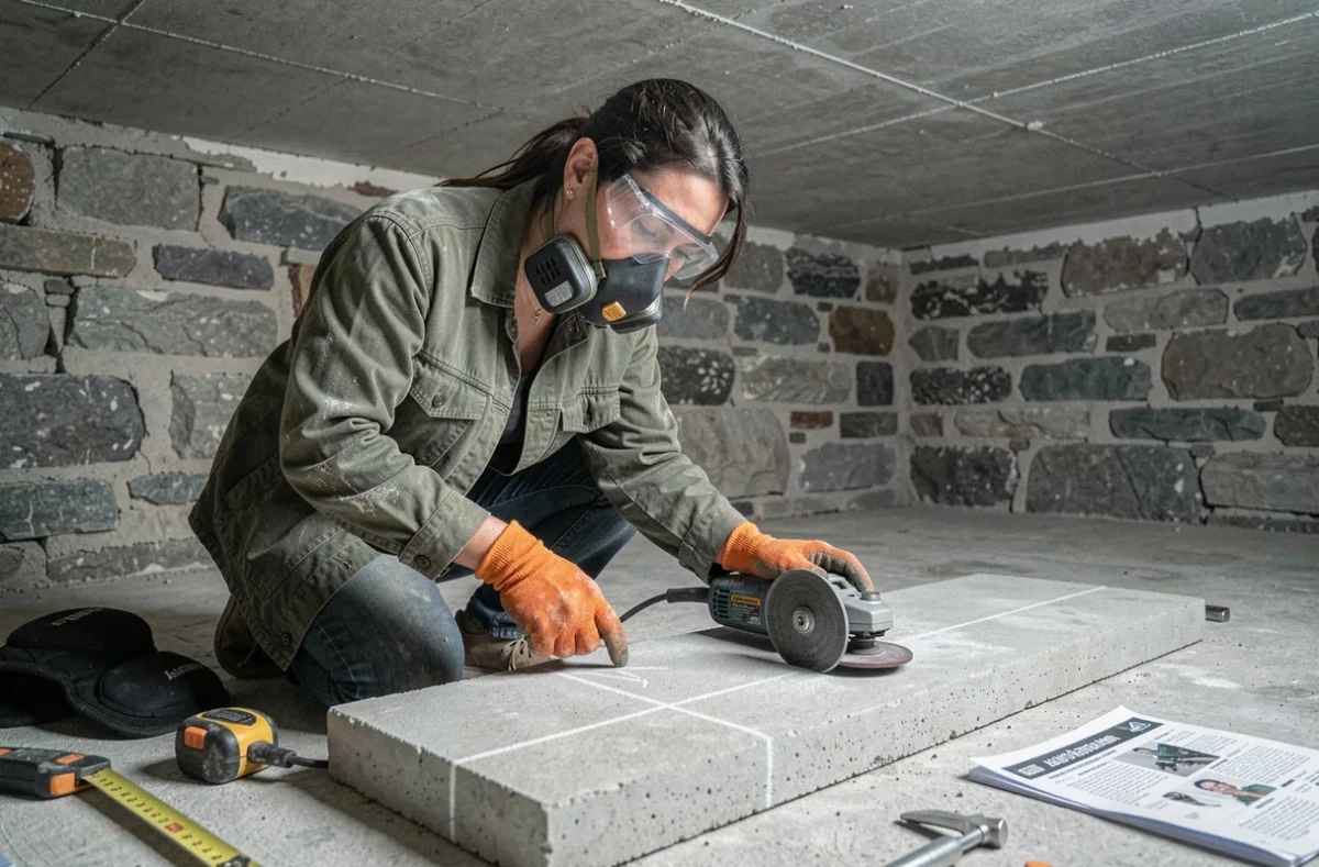 Femme bricoleur agenouillée dans un sous-sol en rénovation, traçant une ligne de découpe sur une dalle béton avant d'utiliser la meuleuse