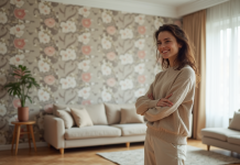 Jeune femme dans un salon avec papier peint botanique