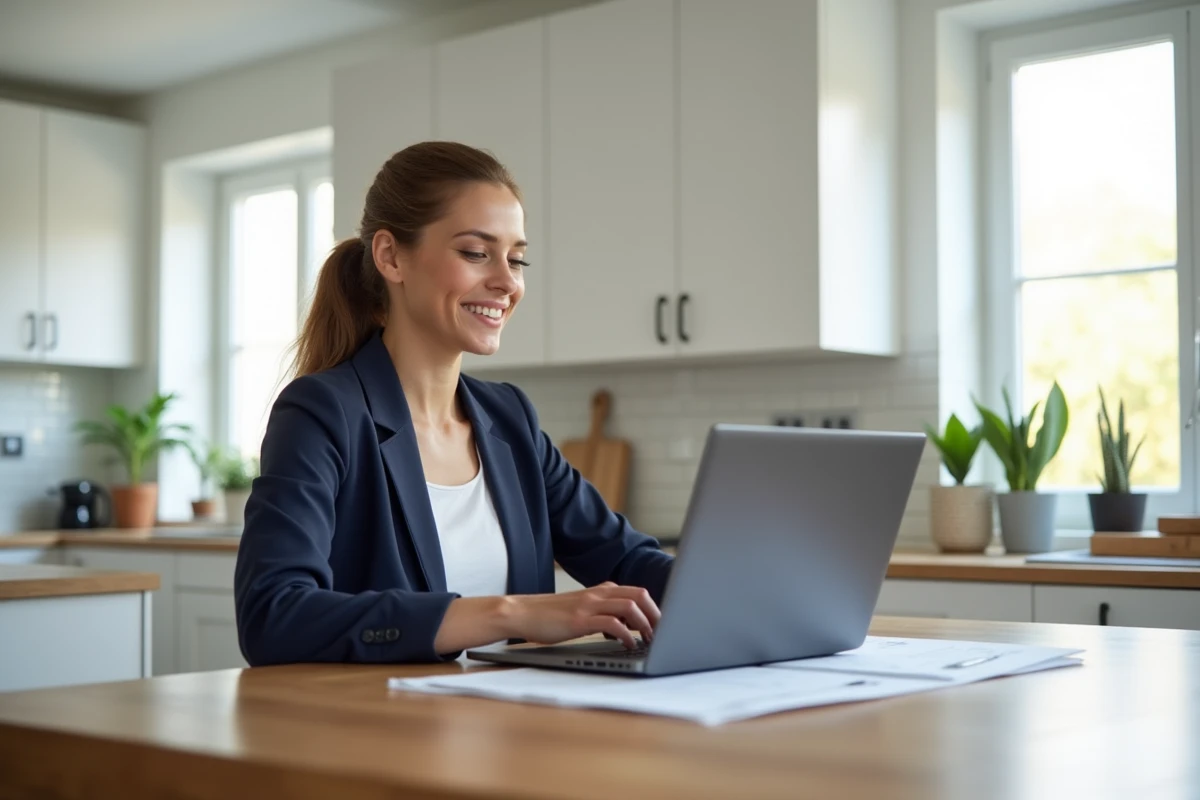 Femme souriante utilisant un ordinateur portable dans une cuisine moderne