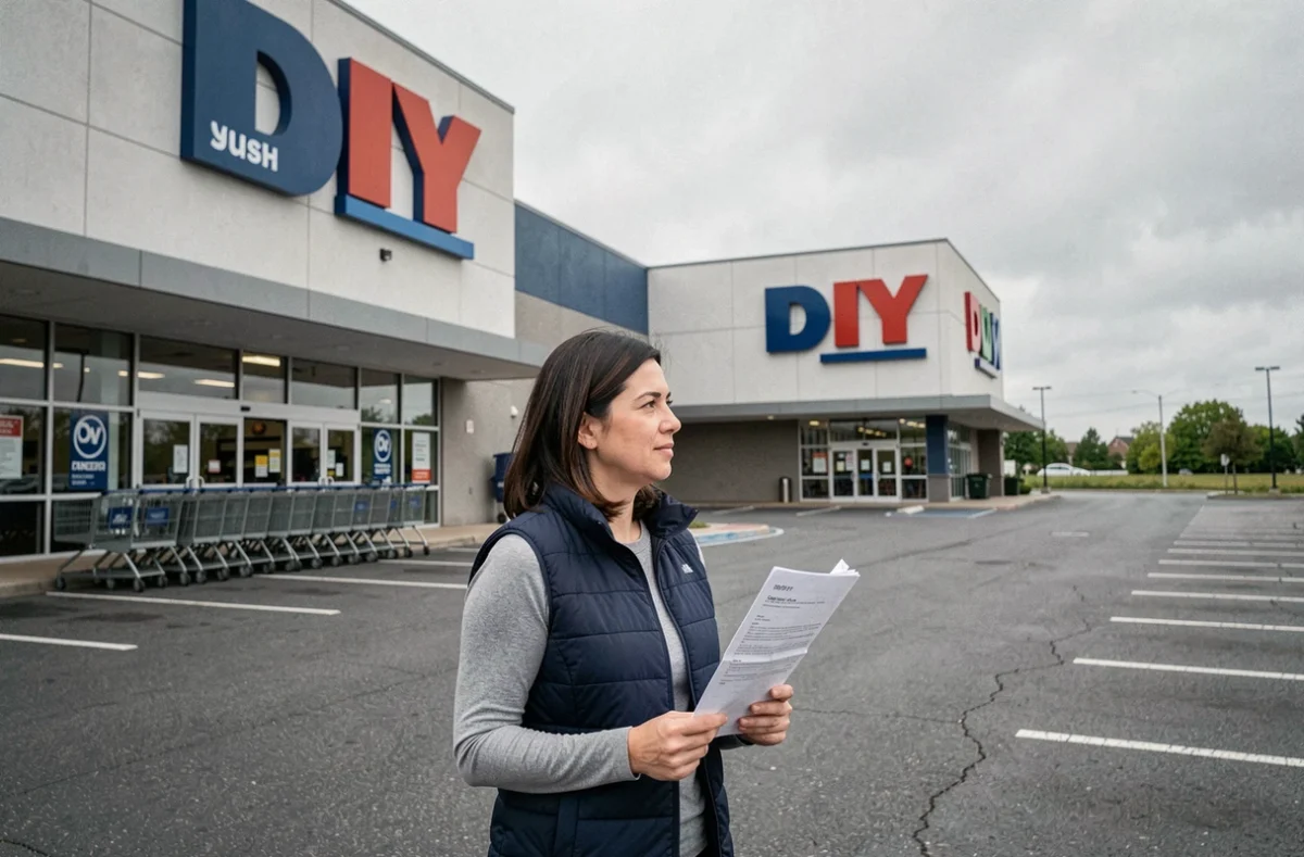 Femme hésitant devant deux enseignes concurrentes de magasins de bricolage dans un parking