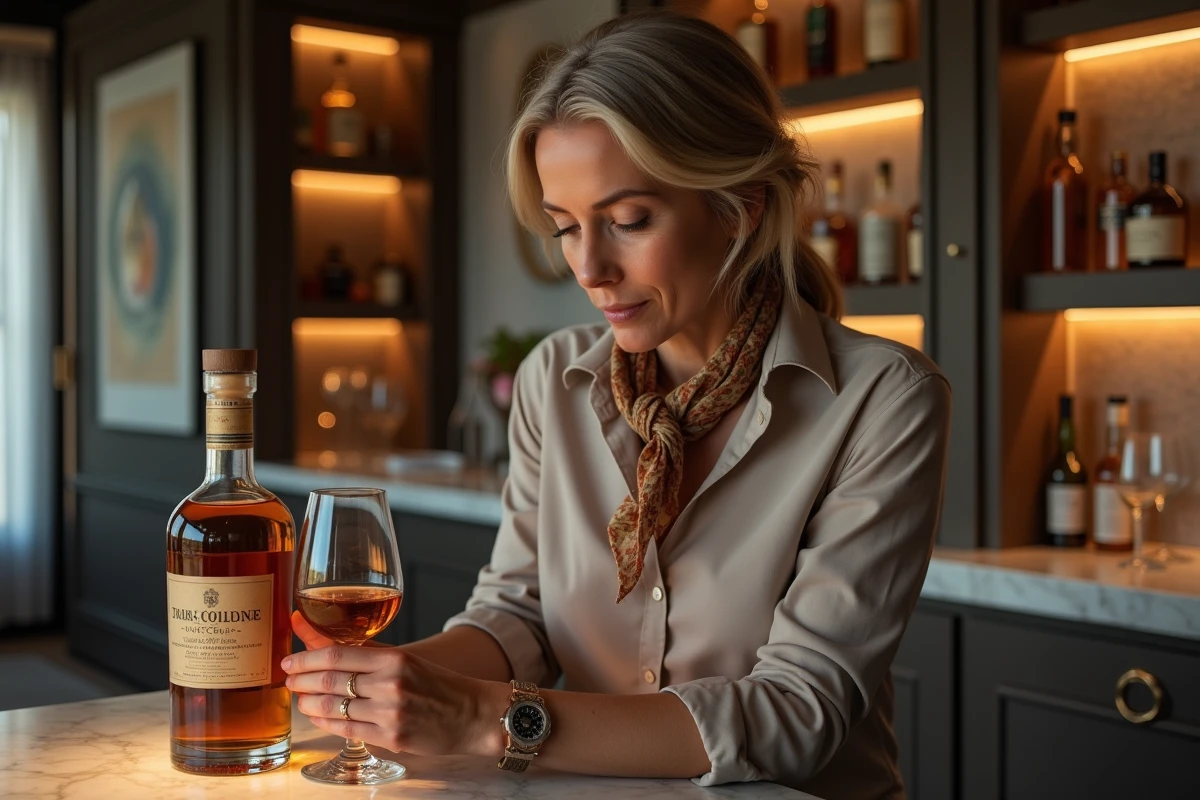Femme inspectant une bouteille de whisky dans un salon moderne