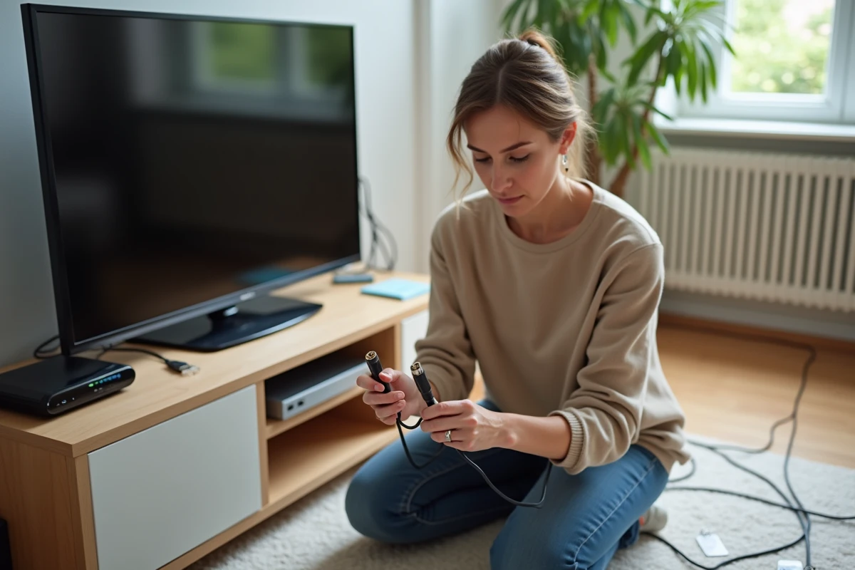 Femme comparant deux câbles coaxiaux TV pour connecter une box internet et un décodeur TNT à domicile