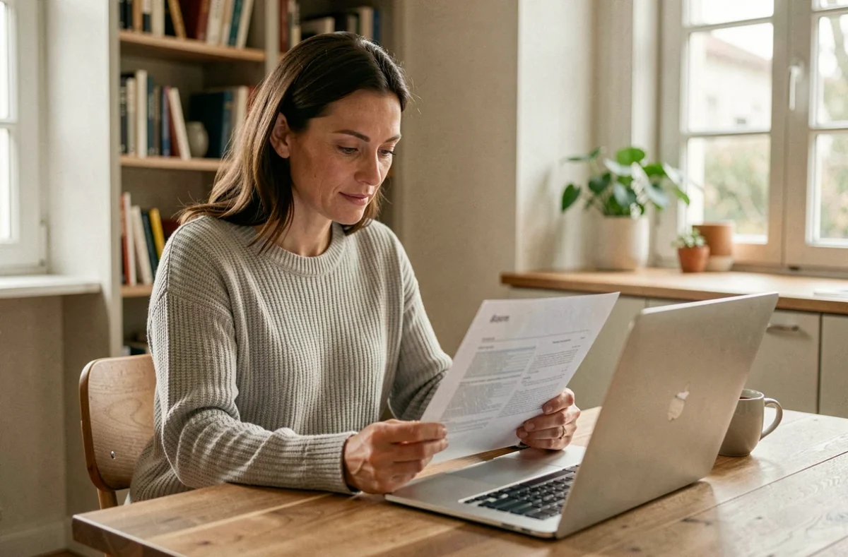 Femme consultant un document d'assurance Macif à la maison, formule protectrice