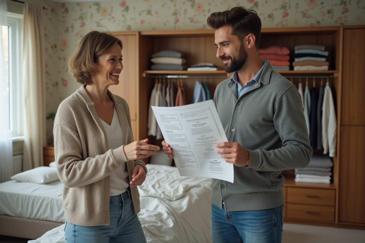 Femme souriante consulte un jeune monteur avec manuel dans une chambre cosy