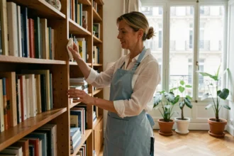 Femme de ménage en tablier bleu époussetant une bibliothèque dans un appartement parisien, illustration pour le CESU
