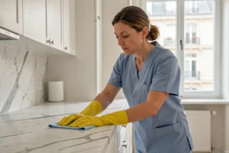 Femme de ménage professionnelle en uniforme bleu nettoyant un plan de travail dans un appartement moderne à Levallois-Perret