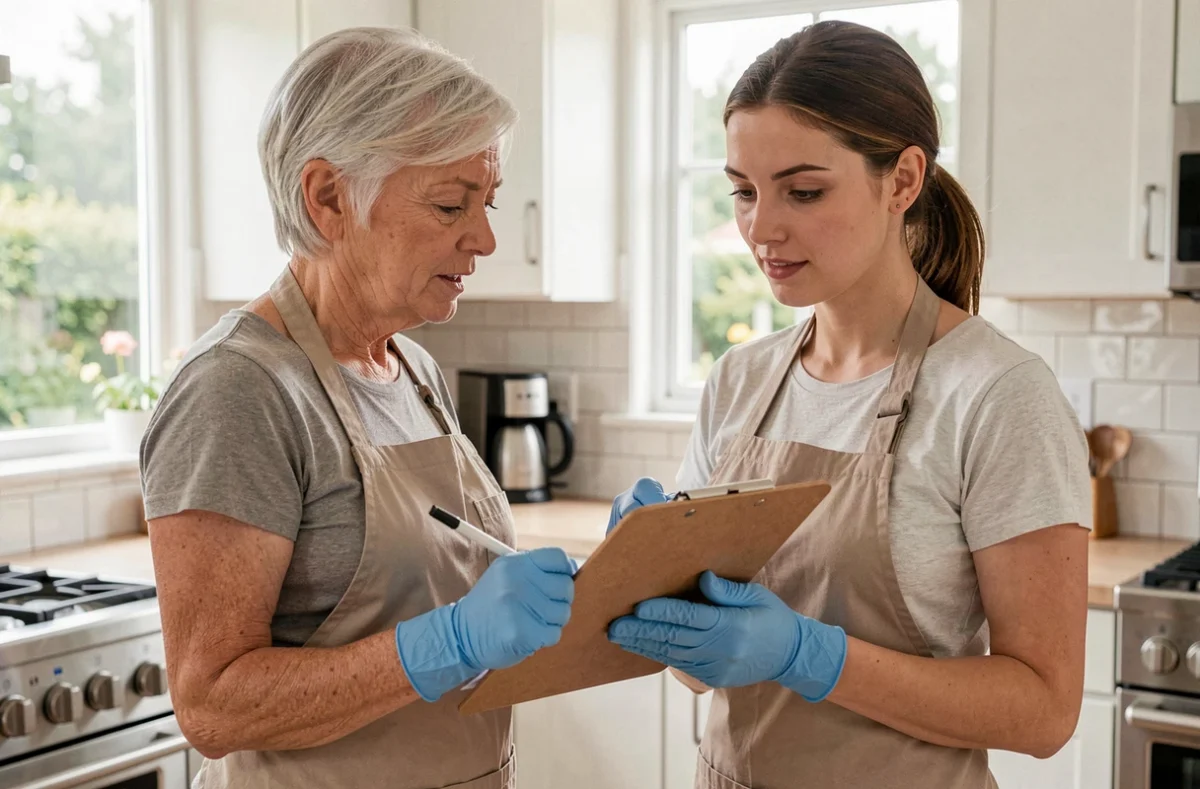Femme de ménage expérimentée discutant d'un devis de nettoyage de vitres avec une cliente dans une cuisine moderne lumineuse