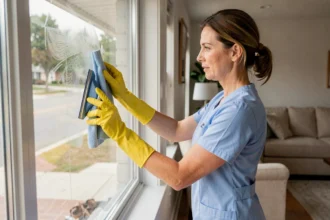Femme de ménage en uniforme bleu nettoyant une grande fenêtre intérieure avec un racloir et un chiffon microfibre dans un salon suburban