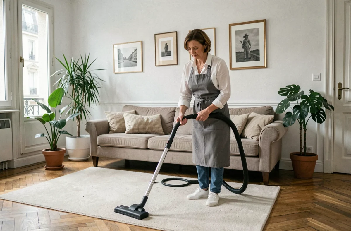 Professionnelle de ménage à domicile passant l'aspirateur dans un salon bien meublé à Levallois-Perret