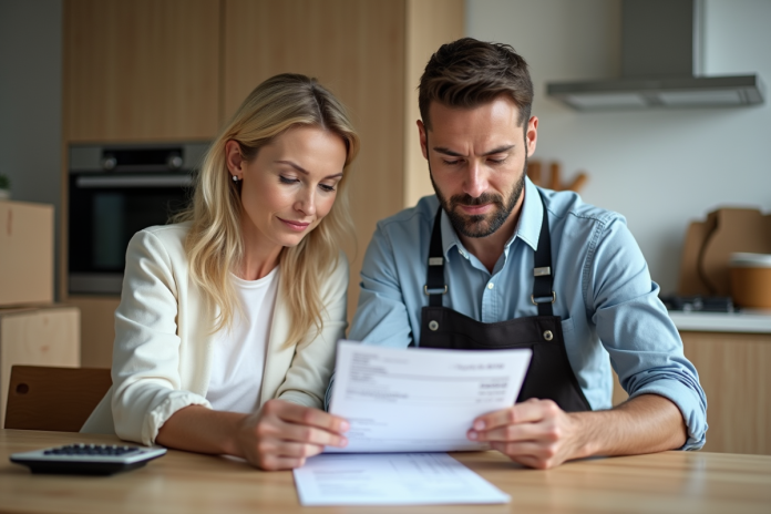 femme-de-moveuse-invoice-kitchen Femme et moveuse examinent une facture dans la cuisine